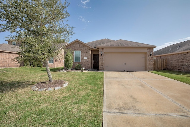 single story home featuring a garage and a front yard