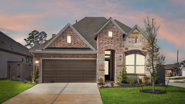 view of front facade with a yard and a garage