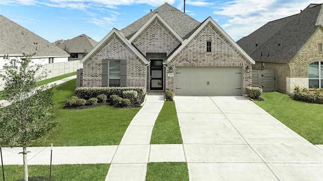 french country style house featuring a garage and a front yard