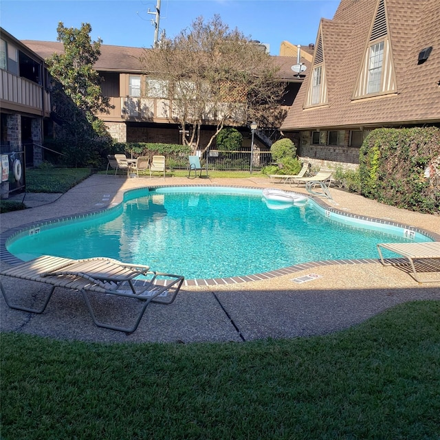 view of pool with a patio area and a lawn