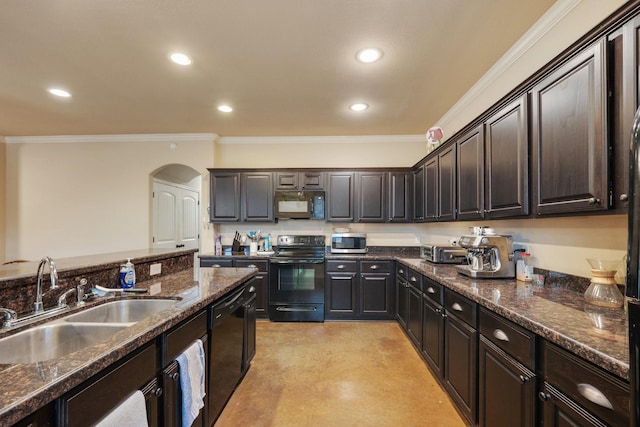 kitchen featuring ornamental molding, sink, dark brown cabinetry, and black appliances