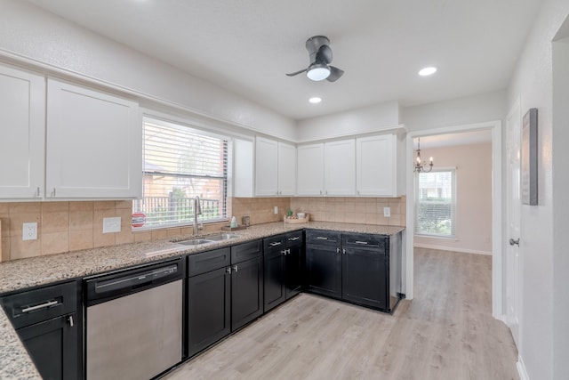 kitchen featuring sink, stainless steel dishwasher, white cabinets, and backsplash