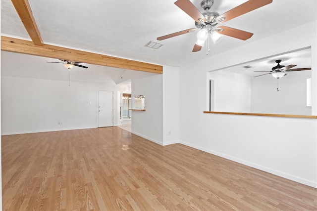 unfurnished living room featuring light hardwood / wood-style flooring and beamed ceiling