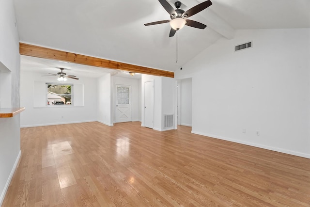 unfurnished living room with vaulted ceiling with beams, ceiling fan, and light wood-type flooring