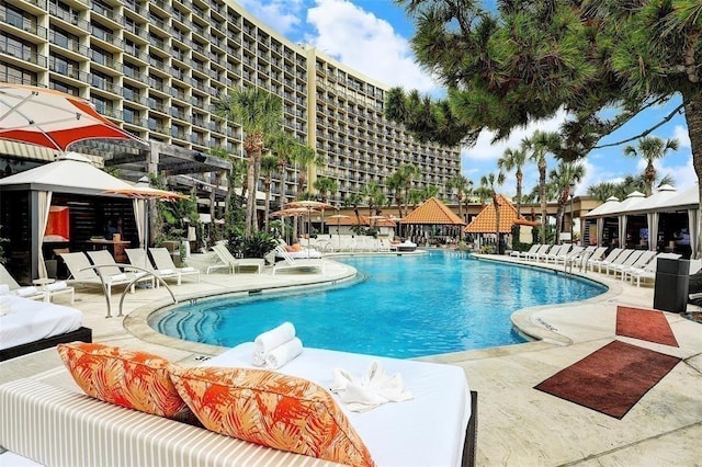 view of pool with a gazebo and a patio