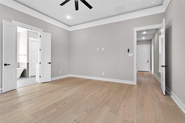 spare room with ornamental molding, ceiling fan, and light wood-type flooring