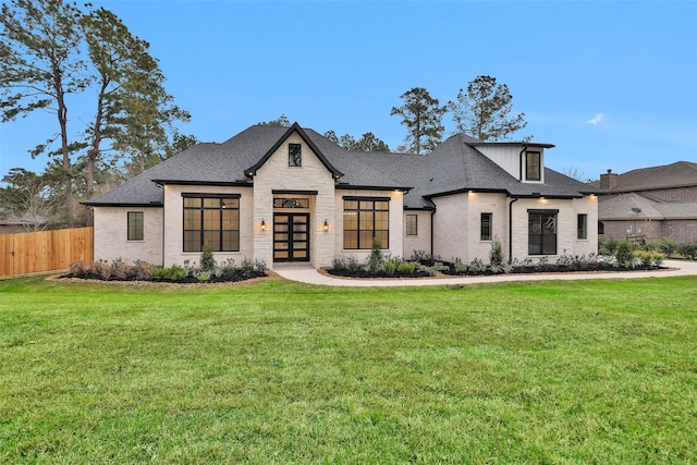 french country home with a front yard and french doors