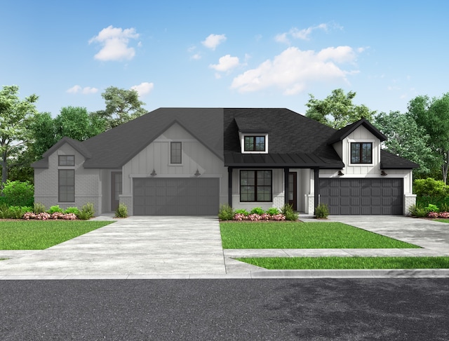 view of front of property featuring concrete driveway, brick siding, and a standing seam roof