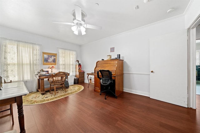 office featuring ornamental molding, dark wood-type flooring, and ceiling fan