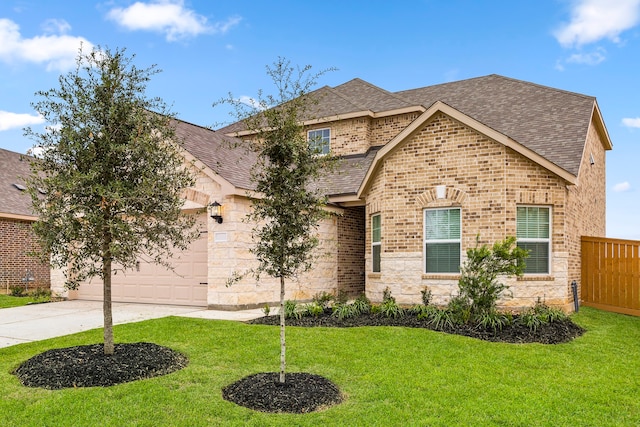 view of front of house with a garage and a front lawn