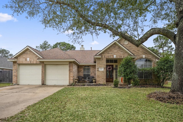 single story home featuring brick siding, a chimney, an attached garage, a front yard, and driveway