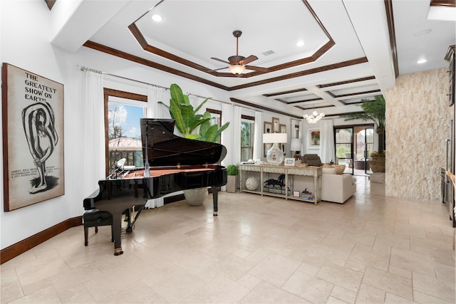 sitting room featuring coffered ceiling, visible vents, baseboards, a ceiling fan, and crown molding