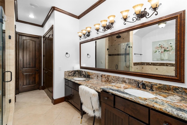 146 La Vie Dr, Montgomery, TX 77316 - full bath with double vanity, a sink, a stall shower, and crown molding