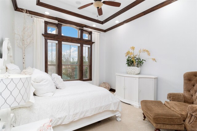 bedroom featuring ornamental molding, recessed lighting, a ceiling fan, and light colored carpet