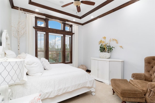 146 La Vie Dr, Montgomery, TX 77316 - bedroom featuring ornamental molding, recessed lighting, ceiling fan, and light colored carpet