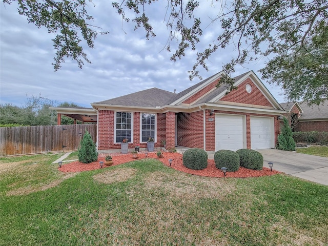 ranch-style home with a front lawn and a garage