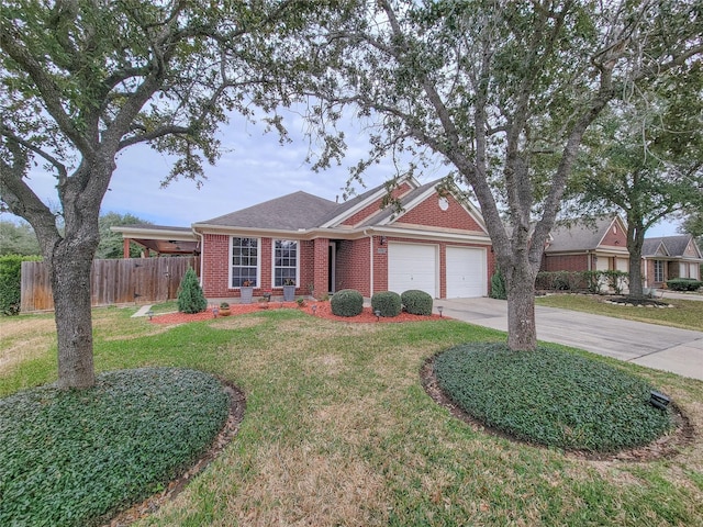 single story home with a front lawn and a garage