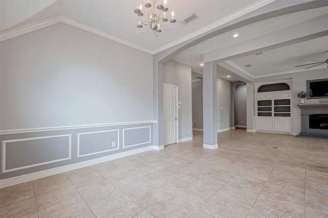 unfurnished living room with ornamental molding, built in shelves, ceiling fan with notable chandelier, and light tile patterned floors