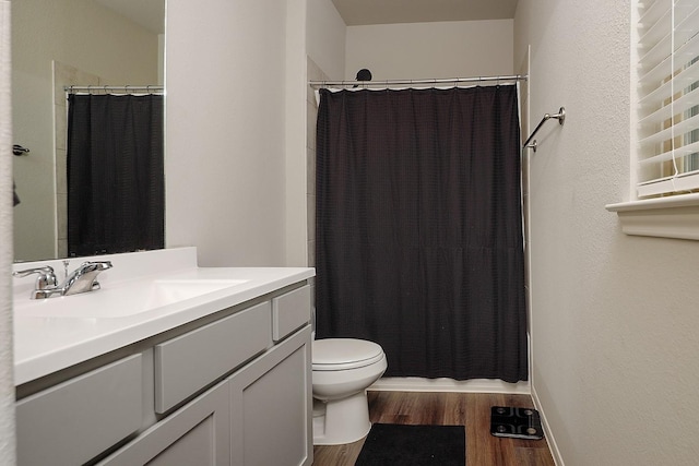 bathroom featuring vanity, wood-type flooring, and toilet