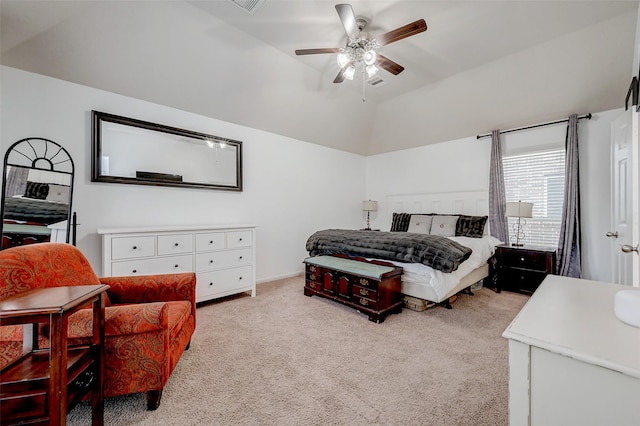 bedroom with lofted ceiling, ceiling fan, light carpet, and visible vents