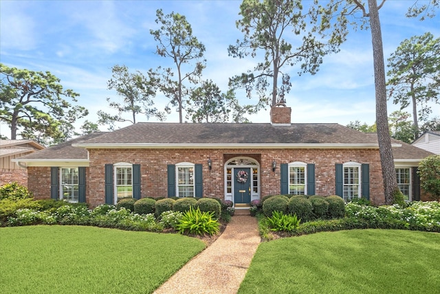 view of front facade featuring brick siding, a chimney, a front lawn, and a shingled roof