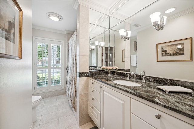 bathroom featuring vanity, visible vents, tile patterned flooring, crown molding, and toilet