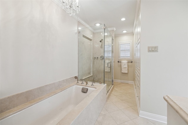 bathroom featuring tile patterned floors, a stall shower, ornamental molding, baseboards, and a bath