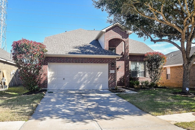 view of front of property with a garage and a front lawn