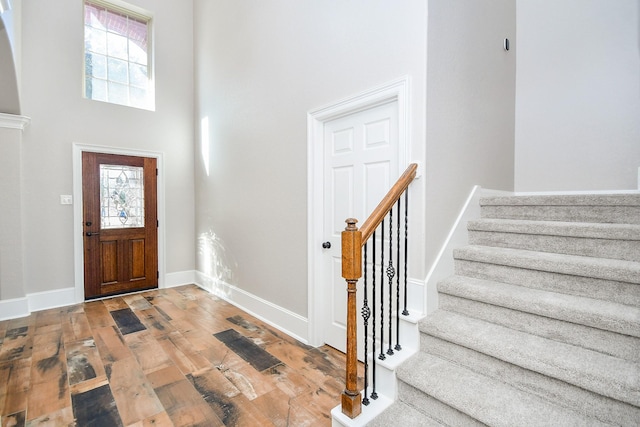 foyer with hardwood / wood-style flooring and a high ceiling