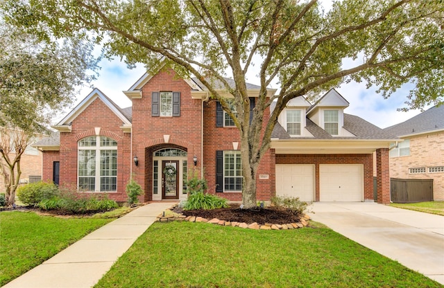 traditional-style house with an attached garage, driveway, a front lawn, and brick siding