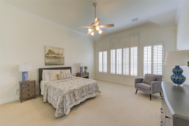 bedroom with vaulted ceiling, crown molding, and light colored carpet