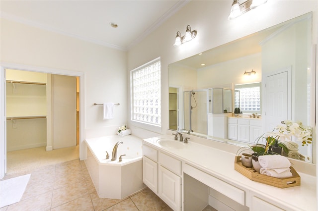 full bathroom with a healthy amount of sunlight, a stall shower, crown molding, and tile patterned floors