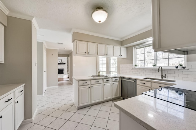 kitchen with sink, ornamental molding, white cabinets, stainless steel dishwasher, and kitchen peninsula