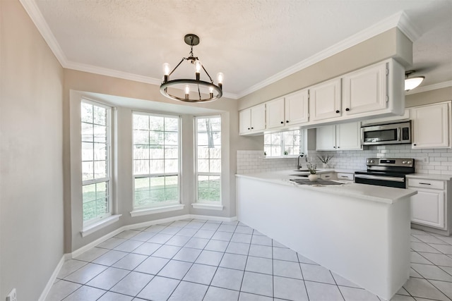 kitchen featuring white cabinetry, backsplash, stainless steel appliances, light tile patterned flooring, and kitchen peninsula