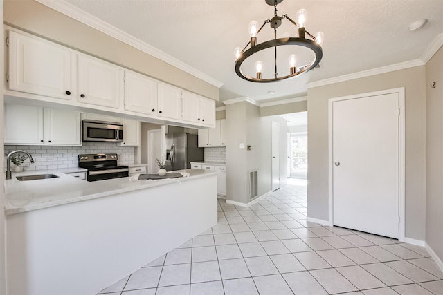 kitchen with sink, white cabinetry, an inviting chandelier, kitchen peninsula, and stainless steel appliances