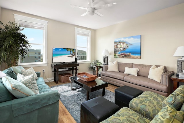 living room with ceiling fan, a healthy amount of sunlight, and light hardwood / wood-style floors