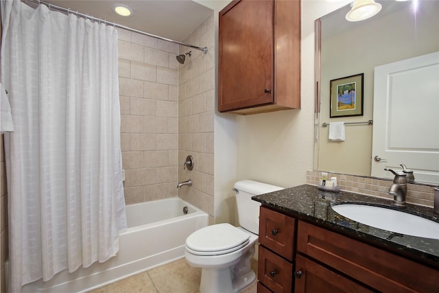 full bathroom with toilet, vanity, shower / bathtub combination with curtain, and tile patterned flooring