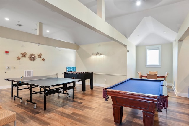 rec room featuring billiards, wood-type flooring, and vaulted ceiling