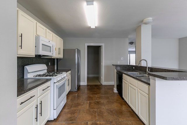 kitchen with white cabinets, white appliances, sink, and backsplash