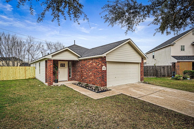 ranch-style home featuring a front lawn, fence, and brick siding