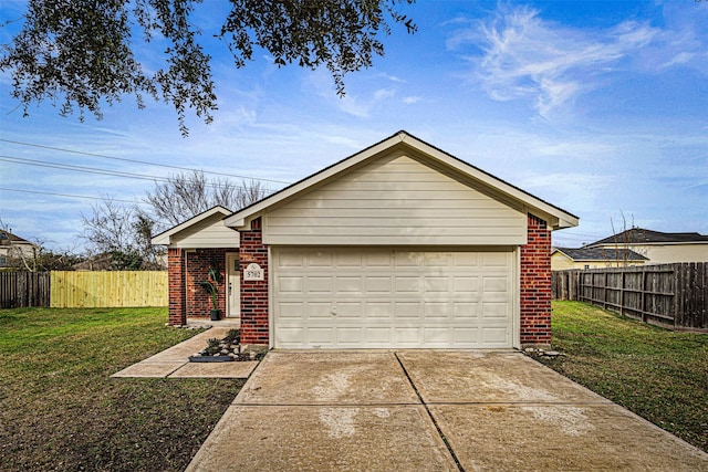 ranch-style home featuring a front yard, concrete driveway, brick siding, and fence