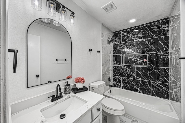 full bathroom featuring shower / washtub combination, marble finish floor, visible vents, a textured ceiling, and vanity