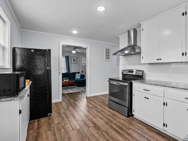 kitchen featuring white cabinetry, crown molding, stainless steel electric range oven, dark hardwood / wood-style flooring, and wall chimney range hood