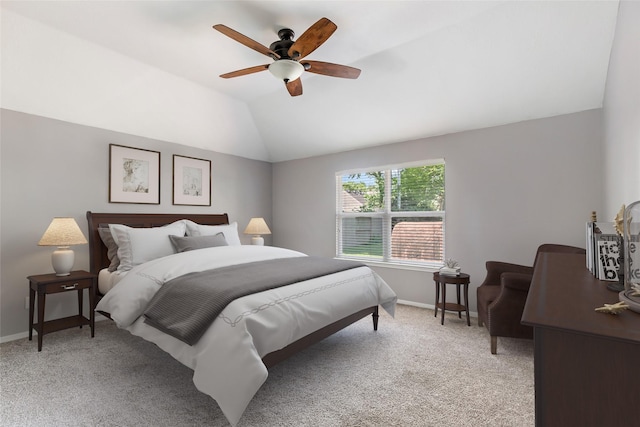 2203 Blossom Creek Dr, Houston, TX 77339 - bedroom featuring baseboards, vaulted ceiling, light carpet, and ceiling fan