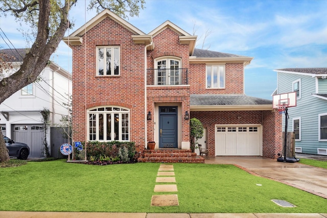 view of property featuring a front yard and a garage