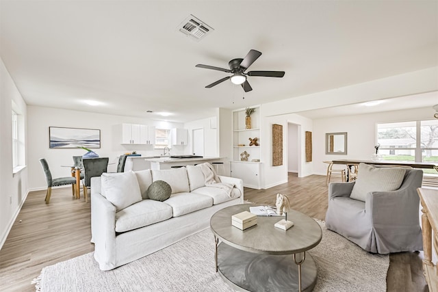 living room featuring ceiling fan, sink, light hardwood / wood-style floors, and built in features