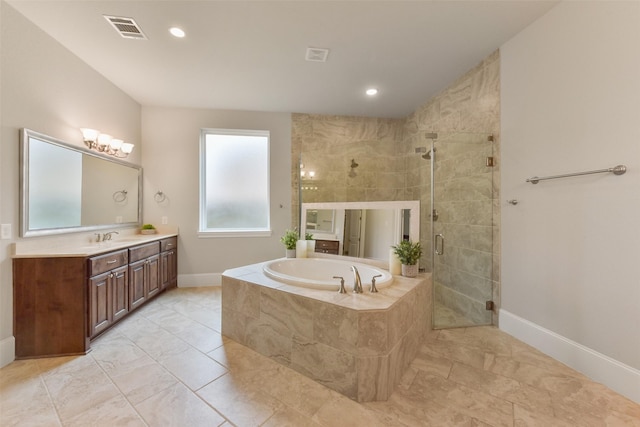 bathroom with vanity and plus walk in shower