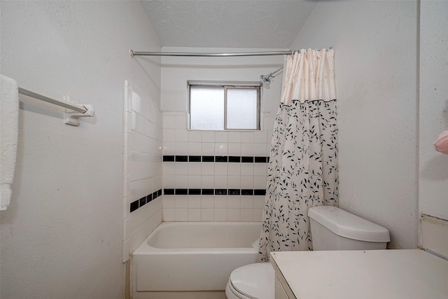 full bathroom with vanity, shower / bath combination with curtain, and toilet