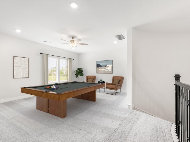 10903 Providence Ct, Missouri City, TX 77459 - game room with a ceiling fan, light colored carpet, billiards table, and recessed lighting