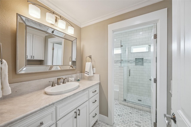 bathroom with crown molding, vanity, tile patterned floors, and a shower with shower door